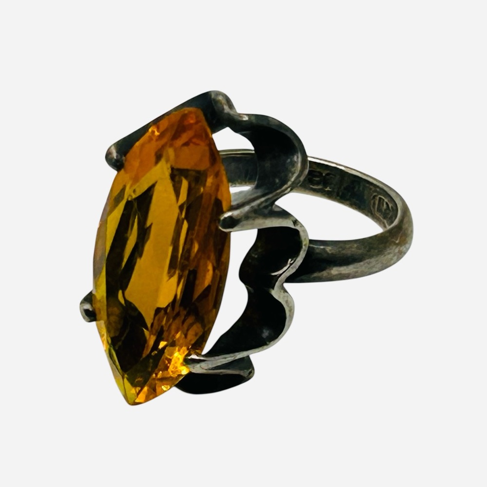 Vintage Mexico Sterling Huge Topaz Glass Stone Ring